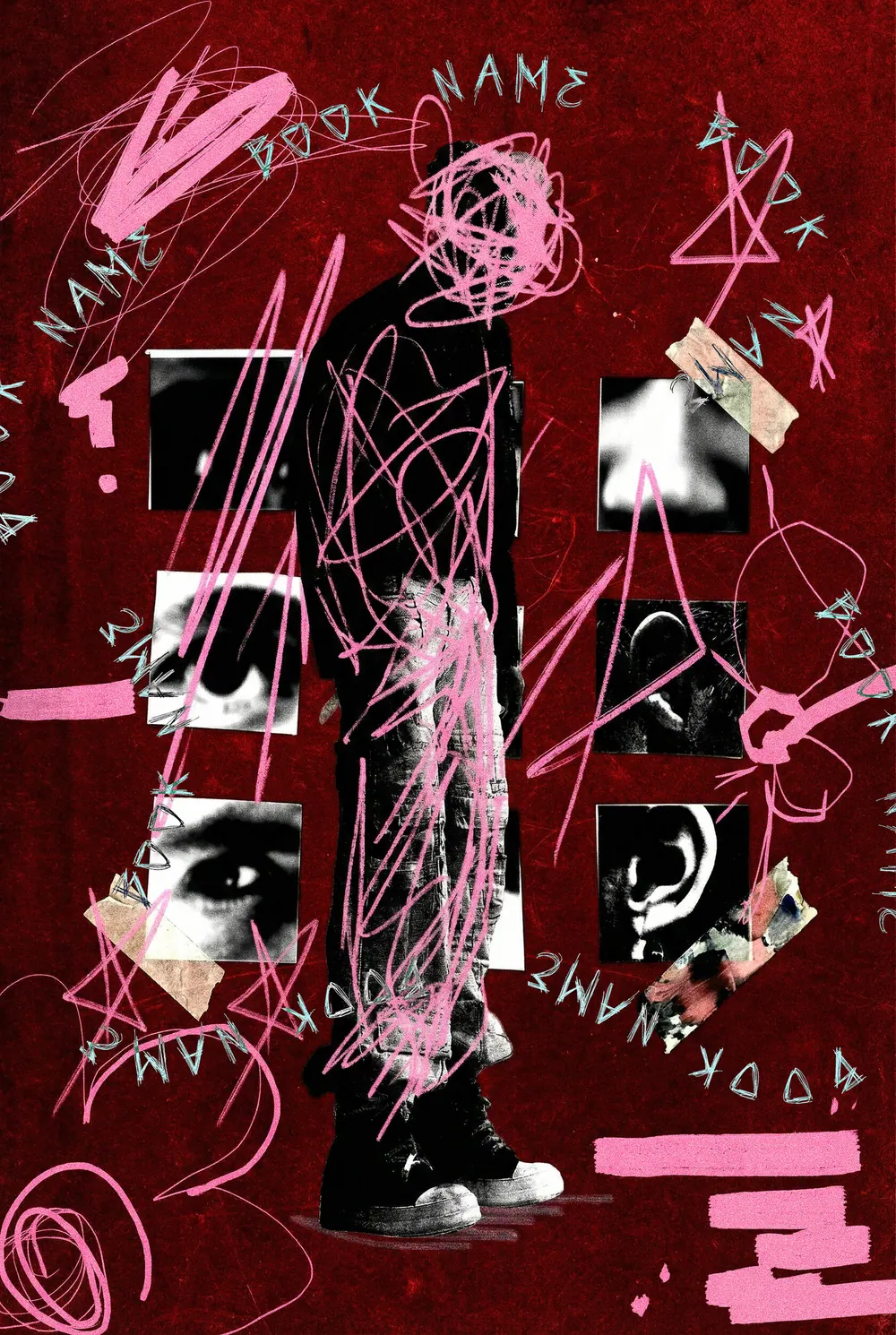 “Chaos of Senses” book cover: Eyes, letters and geometric symbols form a stark red-and-black collage.