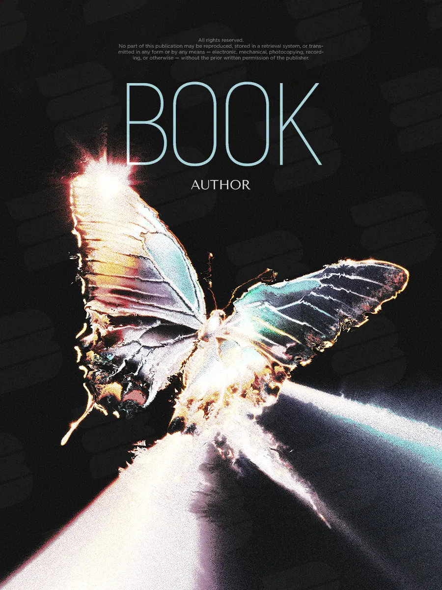 “Radiant Wings” book cover: A butterfly with radiant wings lights up the surrounding darkness.