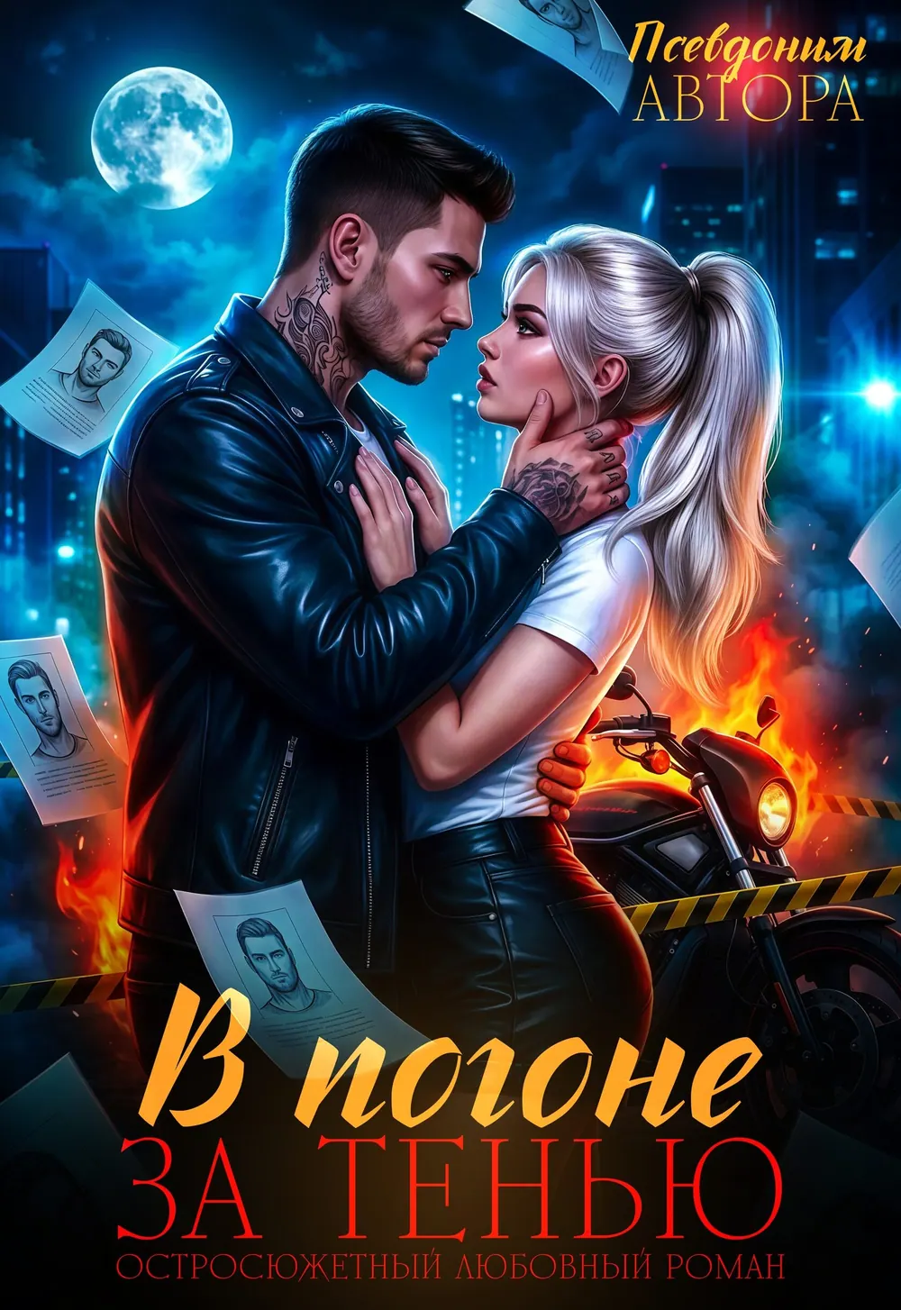 “За Тенью” book cover: Lovers draw close between cool moonlight and orange flame.