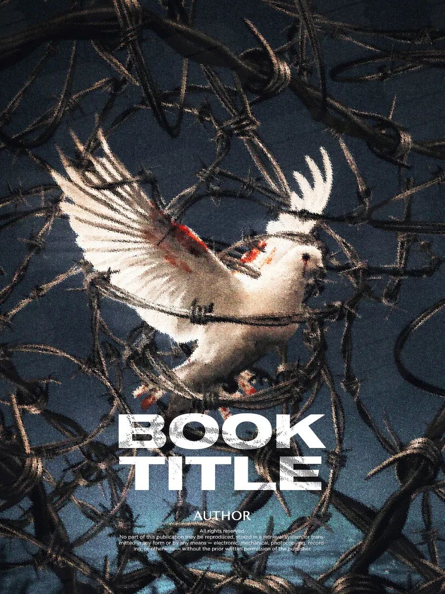 “Caged Dove” book cover: A pale bird with spread wings is surrounded by tangled thorny branches.