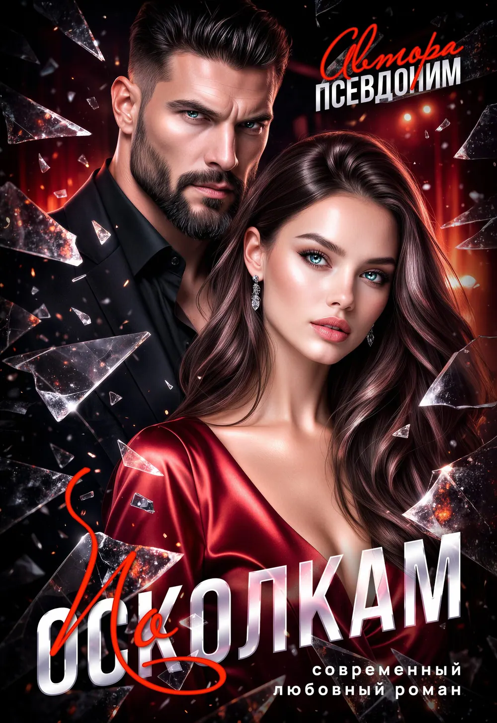 “Осколки” book cover: A man and a woman in red are surrounded by sharp shards and dark reflections.