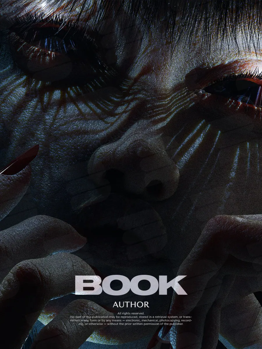 “Nocturnal Visage” book cover: A dark portrait with an intense gaze hides among rough textures.