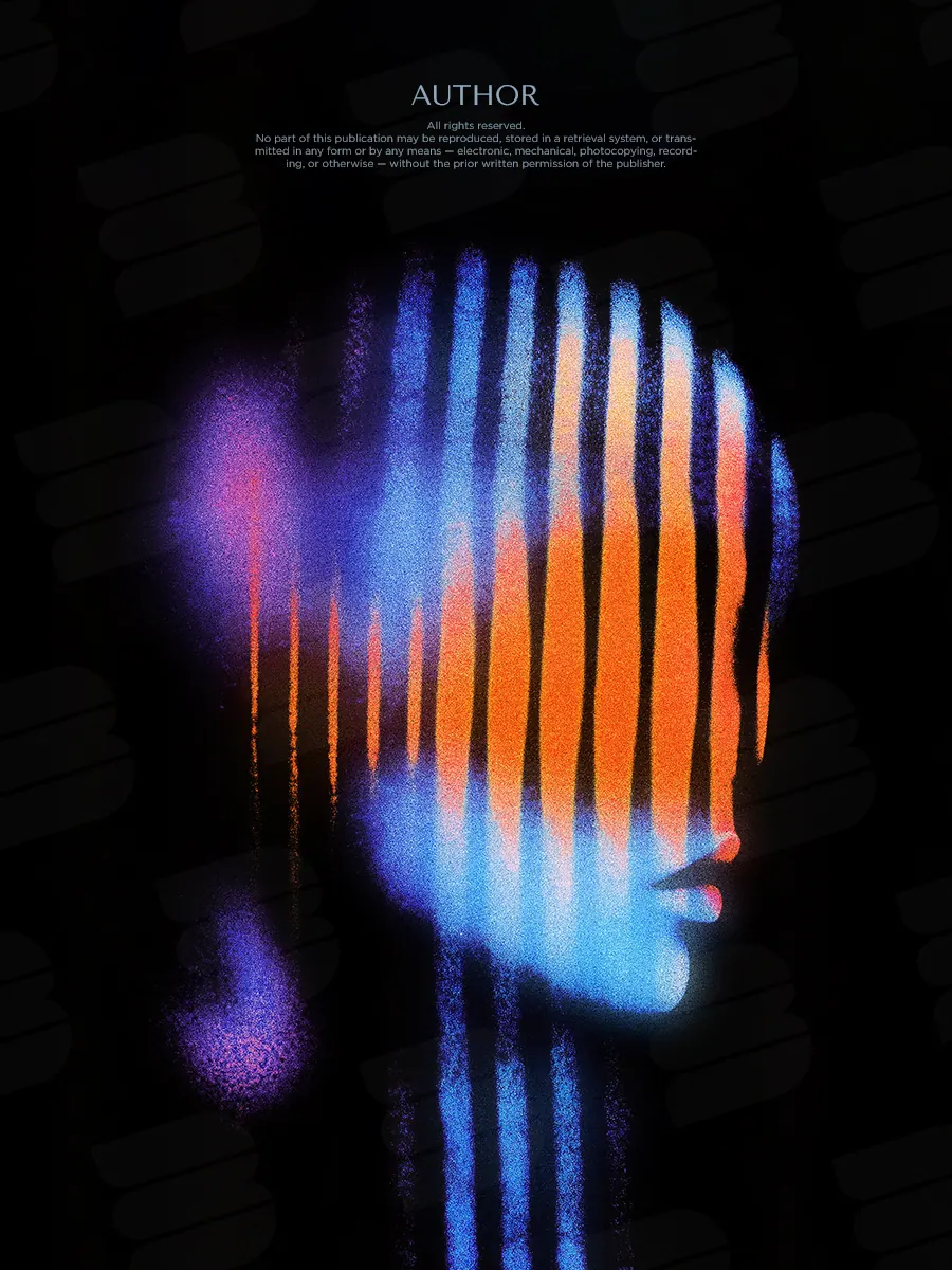 “Chromatic Lines” book cover: A portrait is divided into vertical strips with orange and blue highlights.