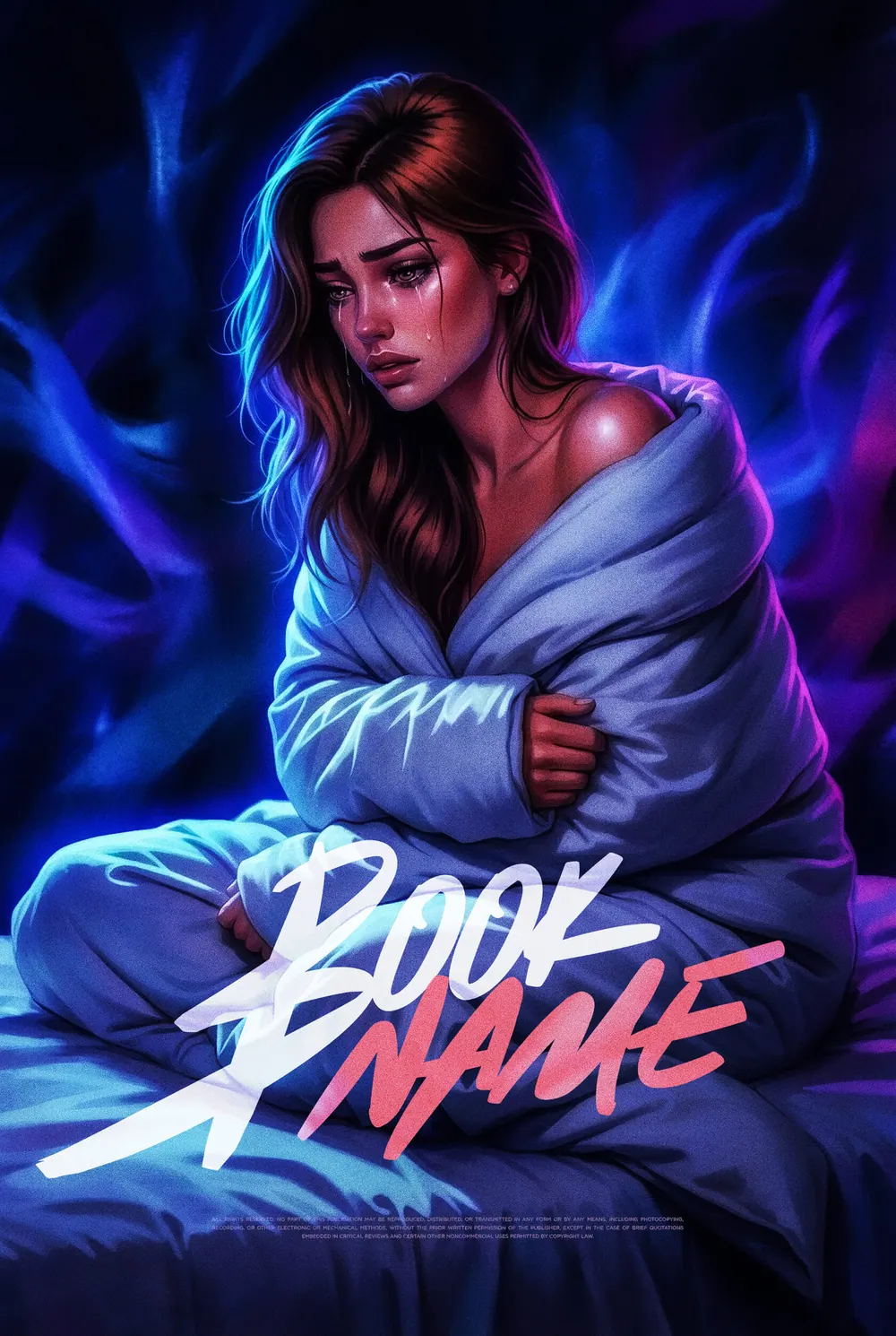 “Neon Sorrow” book cover: A woman in a pale shirt sits among blue and red reflections.