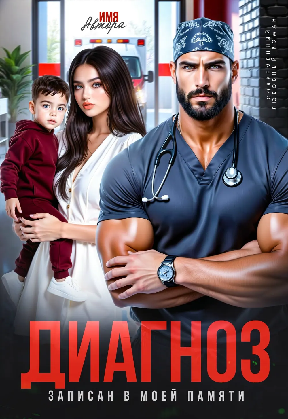 “Диагноз” book cover: A man in medical scrubs appears beside a woman and a small child.