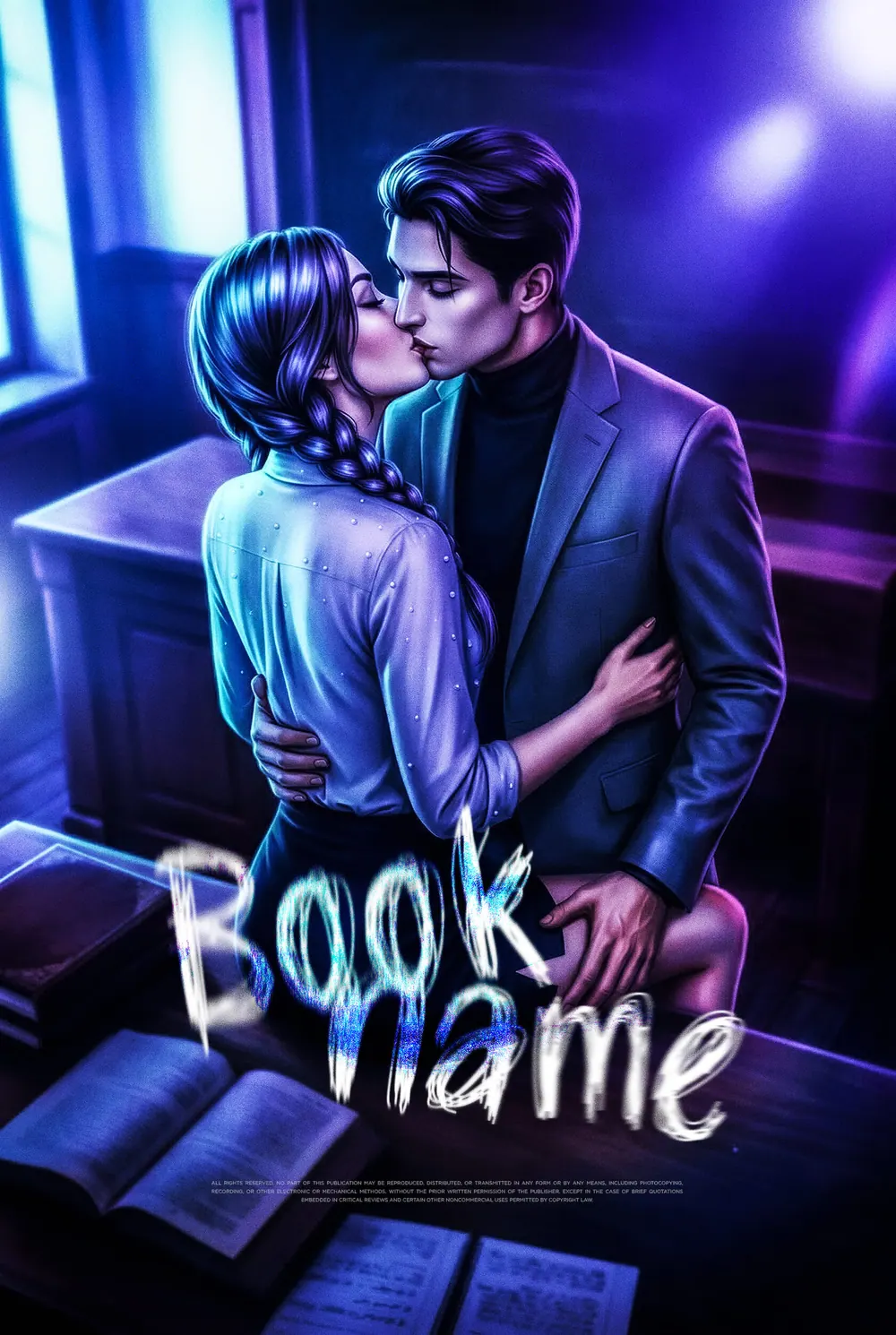 “Blue Ember” book cover: A couple embraces by a window in cold blue evening light.