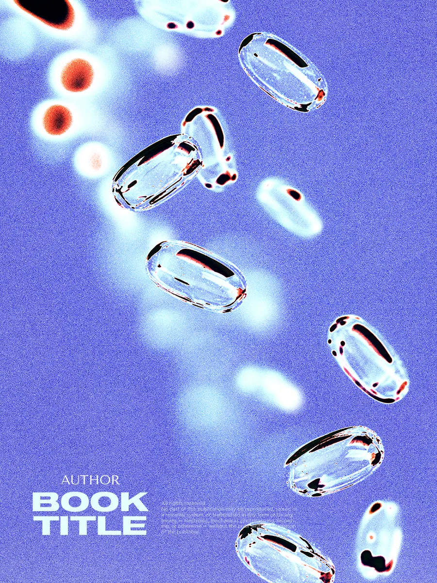 “Floating Remedies” book cover: Transparent capsules and coloured spheres float in a blue space.