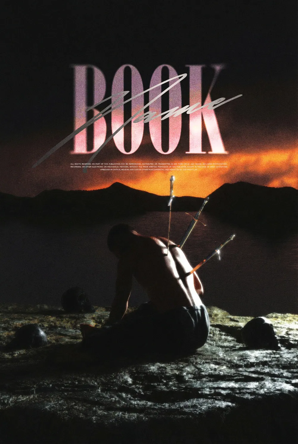 “Warrior’s Sunset” book cover: A sword-bearing figure stands among dark rocks beneath a band of sunset light.