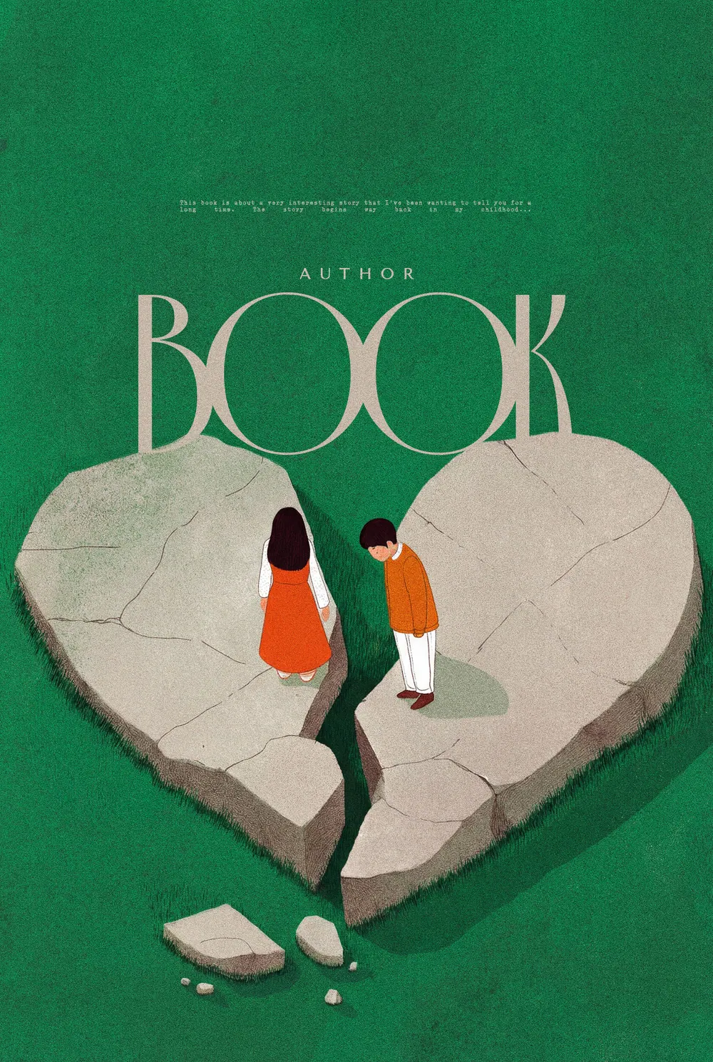“Heart’s Fissure” book cover: Two people stand on opposite sides of a crack in a large pale heart.