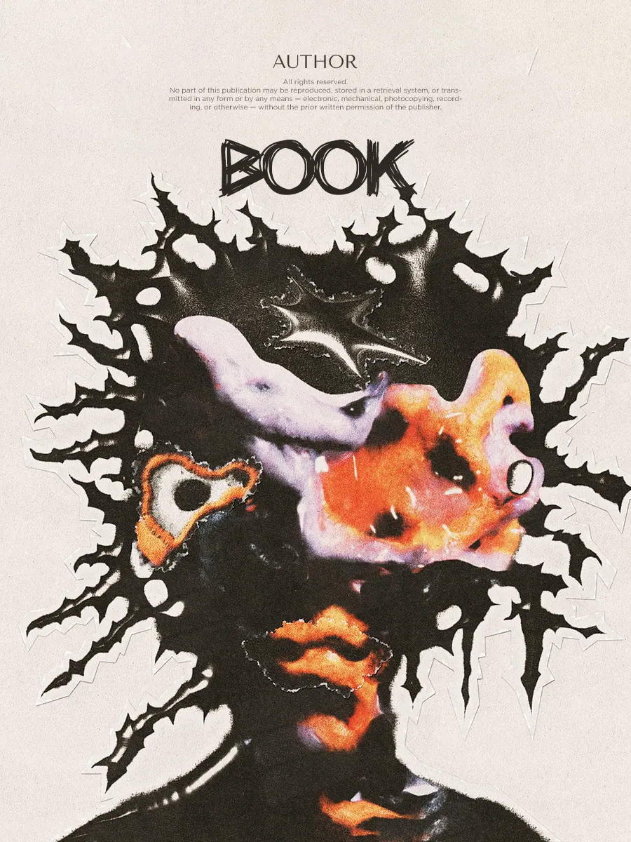 “Fragmented Self” book cover: A face is assembled from torn black-and-white fragments with vivid colour accents.