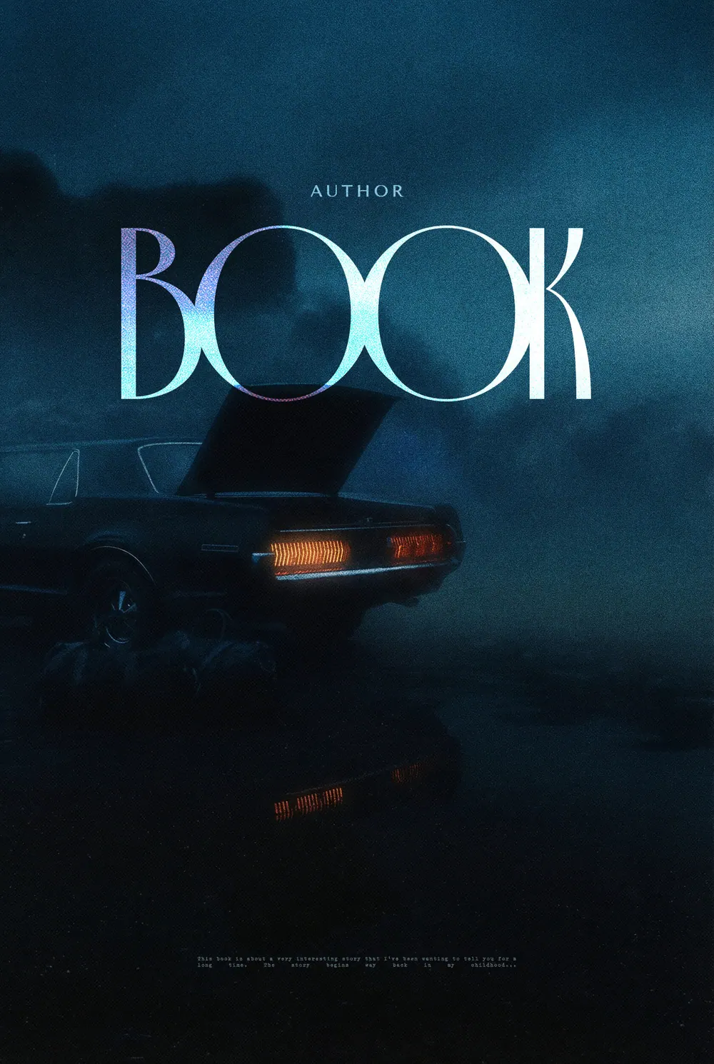“Twilight Escape” book cover: An old car stands beneath a large moon in cold night blue.