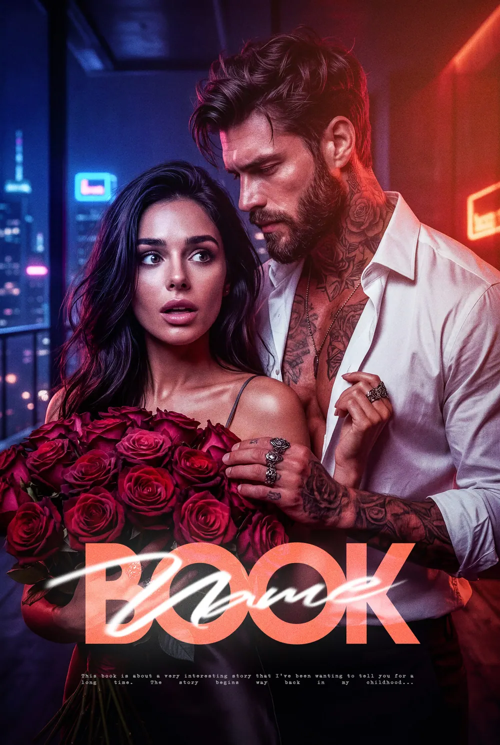 “Inked Thorns” book cover: A man and a woman with red roses stand in contrasting city light.