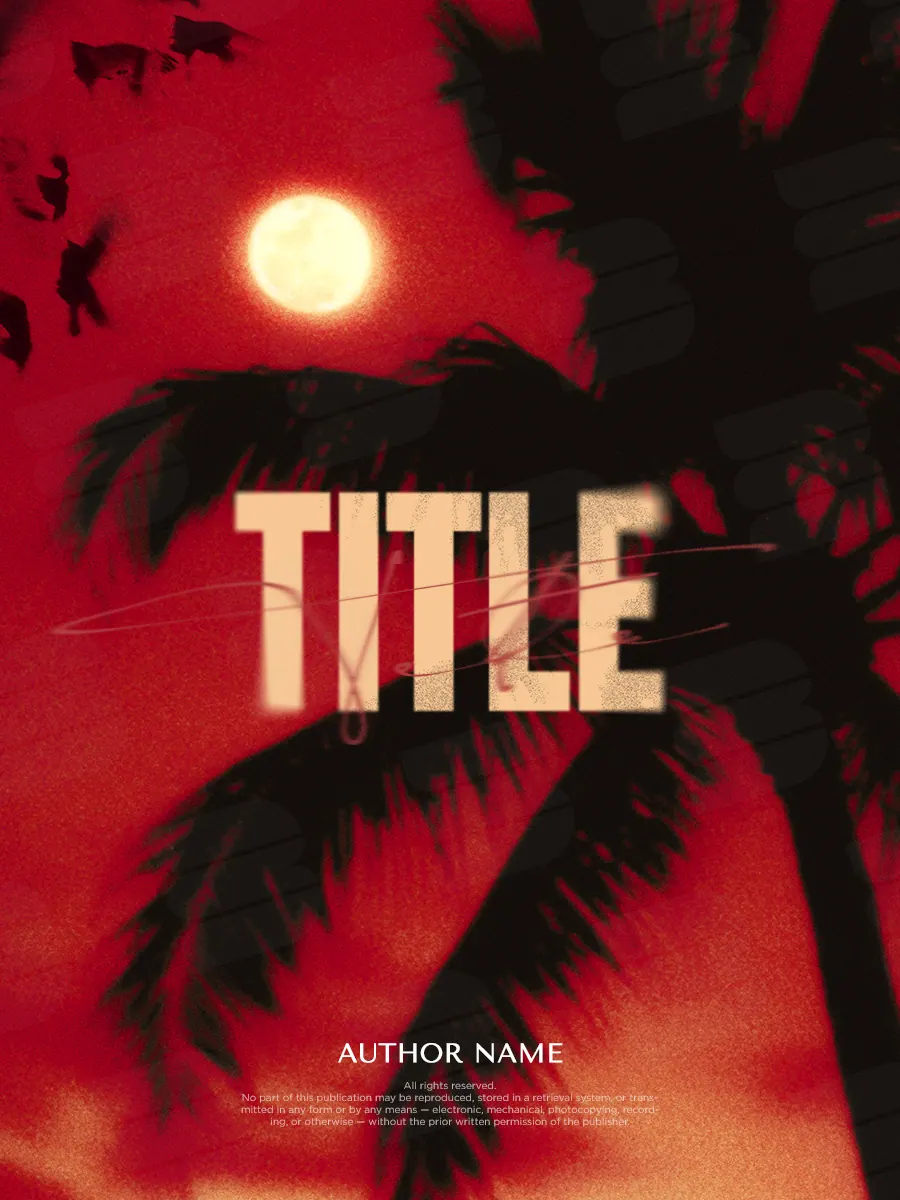 “Sunset” book cover: A red sunset and palm silhouettes suggest a hot, uneasy evening.