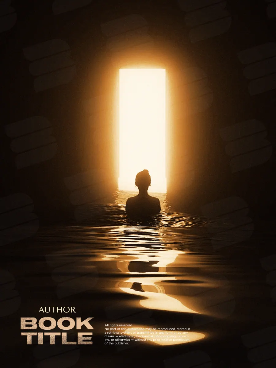 “Threshold” book cover: A solitary figure stands in water before a tall opening of golden light.