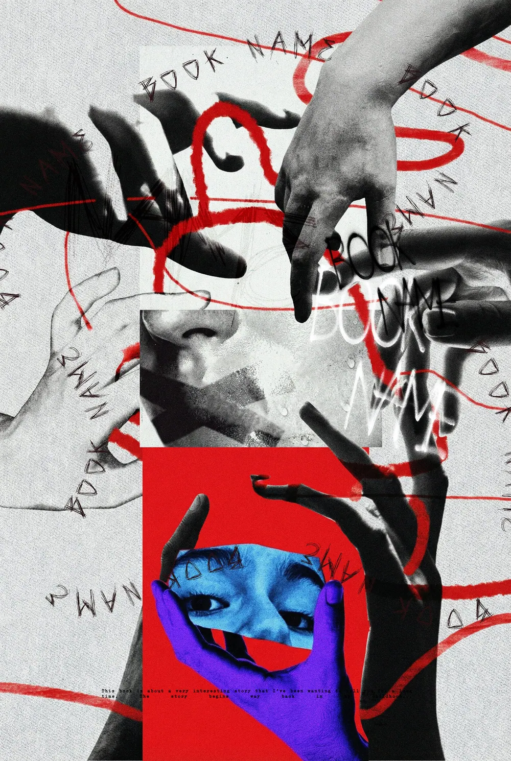 “Tangled Senses” book cover: Hands with a red thread and a blue facial fragment form a layered collage.