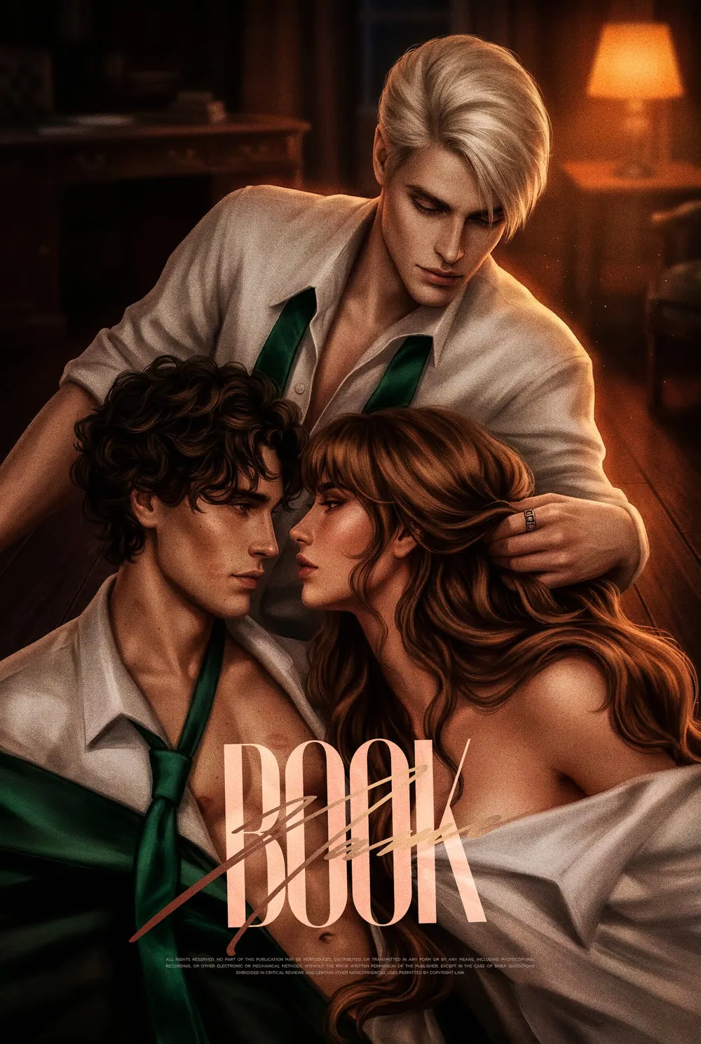 “Crimson Triangle” book cover: Three young adults draw close in the warm half-light of a room.