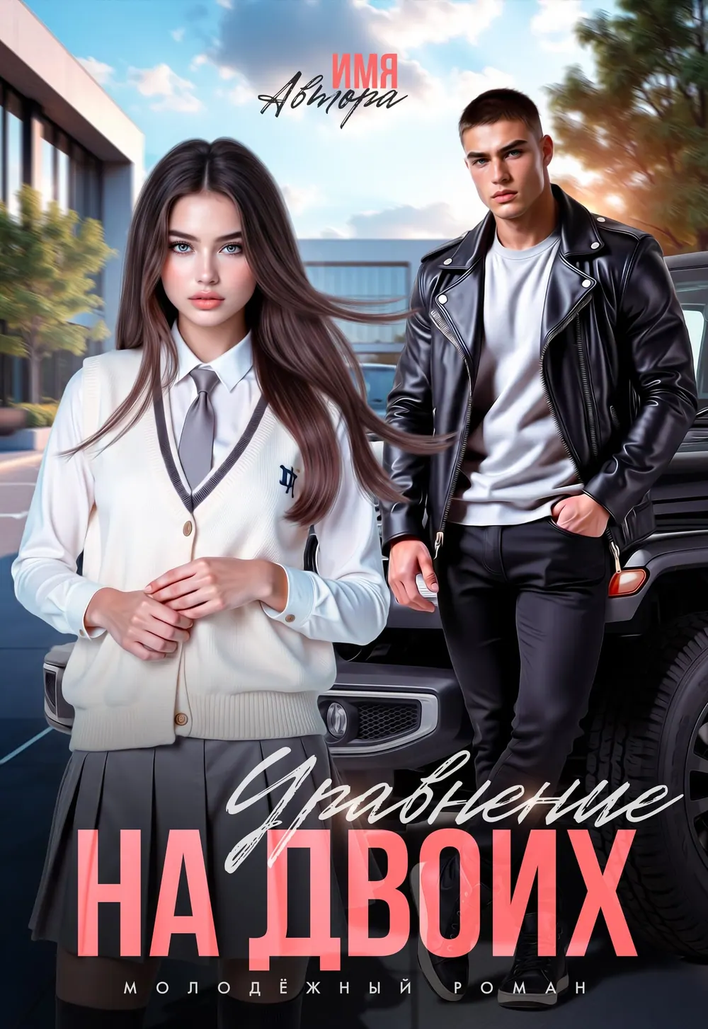 “На Двоих” book cover: A woman in pale clothes and a man in a leather jacket stand on a city street.