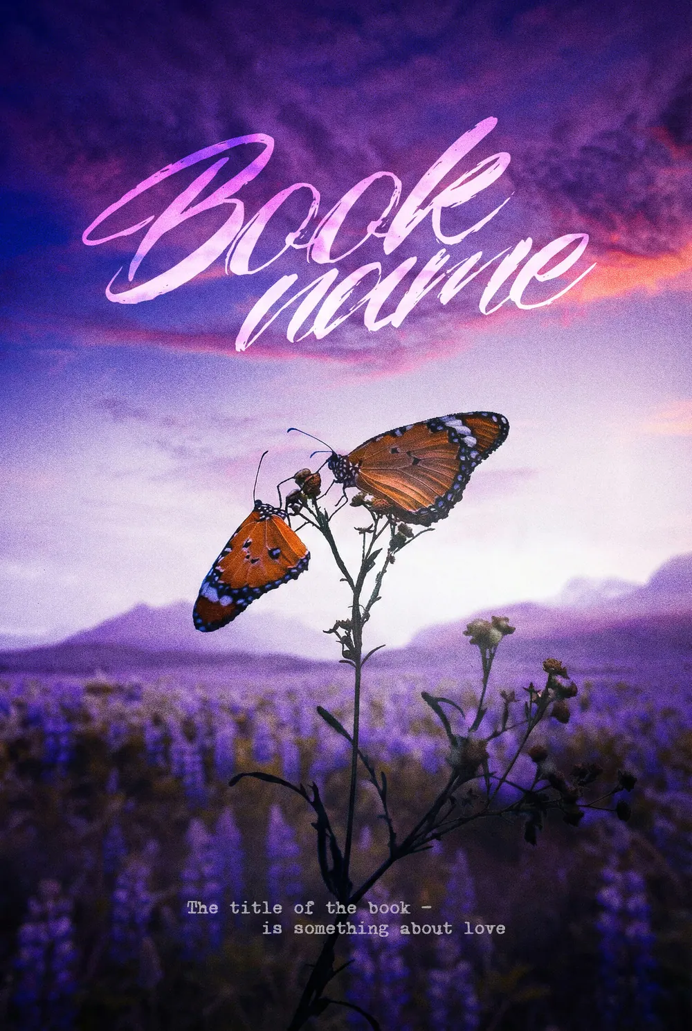 “Lavender Twilight” book cover: A butterfly rests on a flower in a lavender field beneath a pink-violet sky.