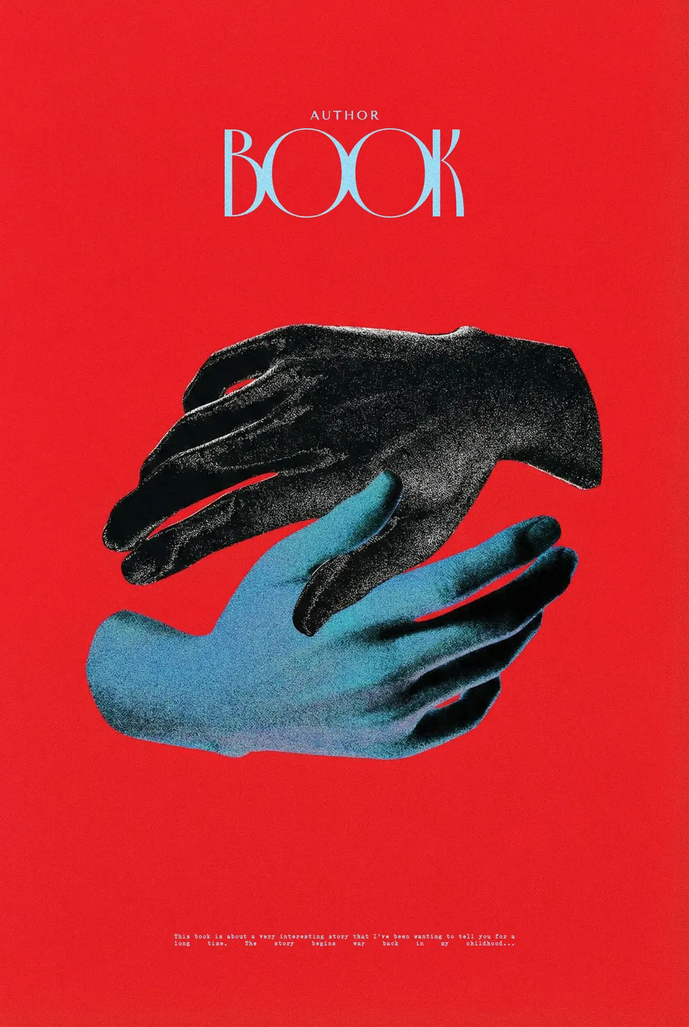 “Vivid Reach” book cover: A black hand and a blue hand reach towards each other on bright red.