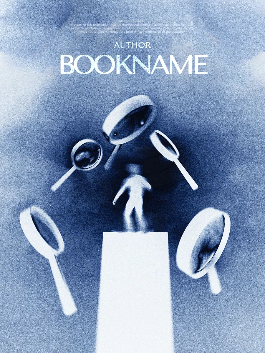 “Under Scrutiny” book cover: Magnifying glasses surround a small figure on a high pedestal.