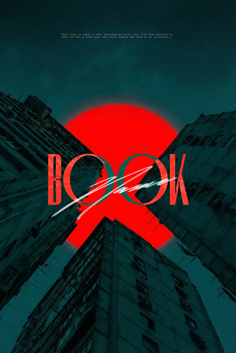 “Concrete Eclipse” book cover: A red sun is caught between dark high-rises in a turquoise sky.
