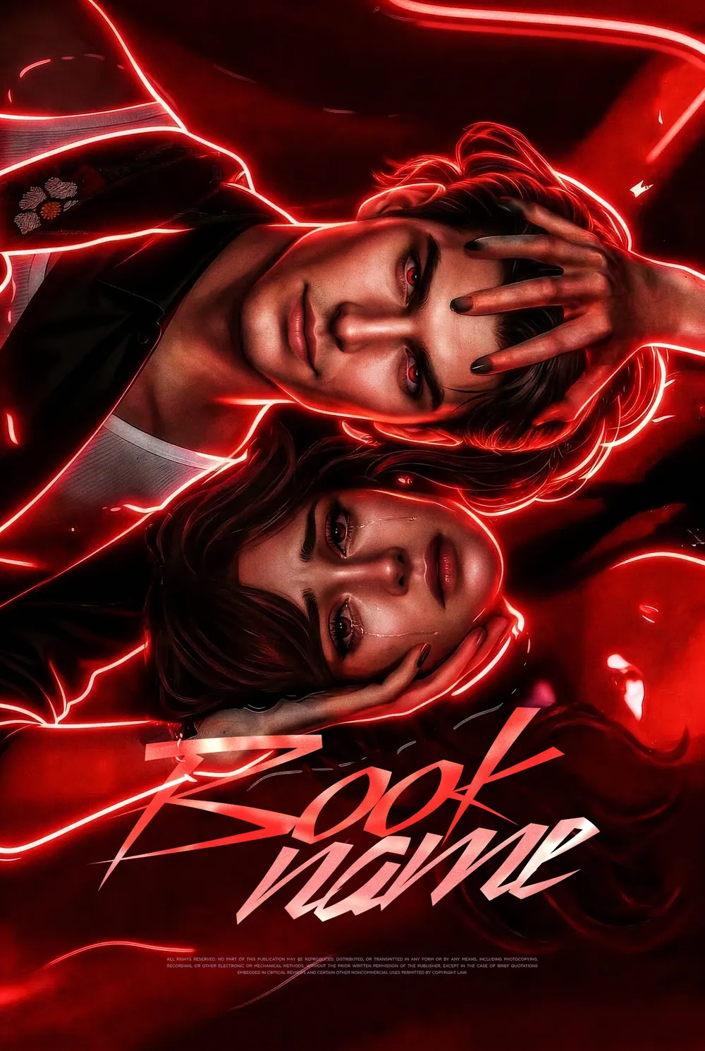 “Neon Heartbeat” book cover: A man and woman lie together in vivid red neon light.