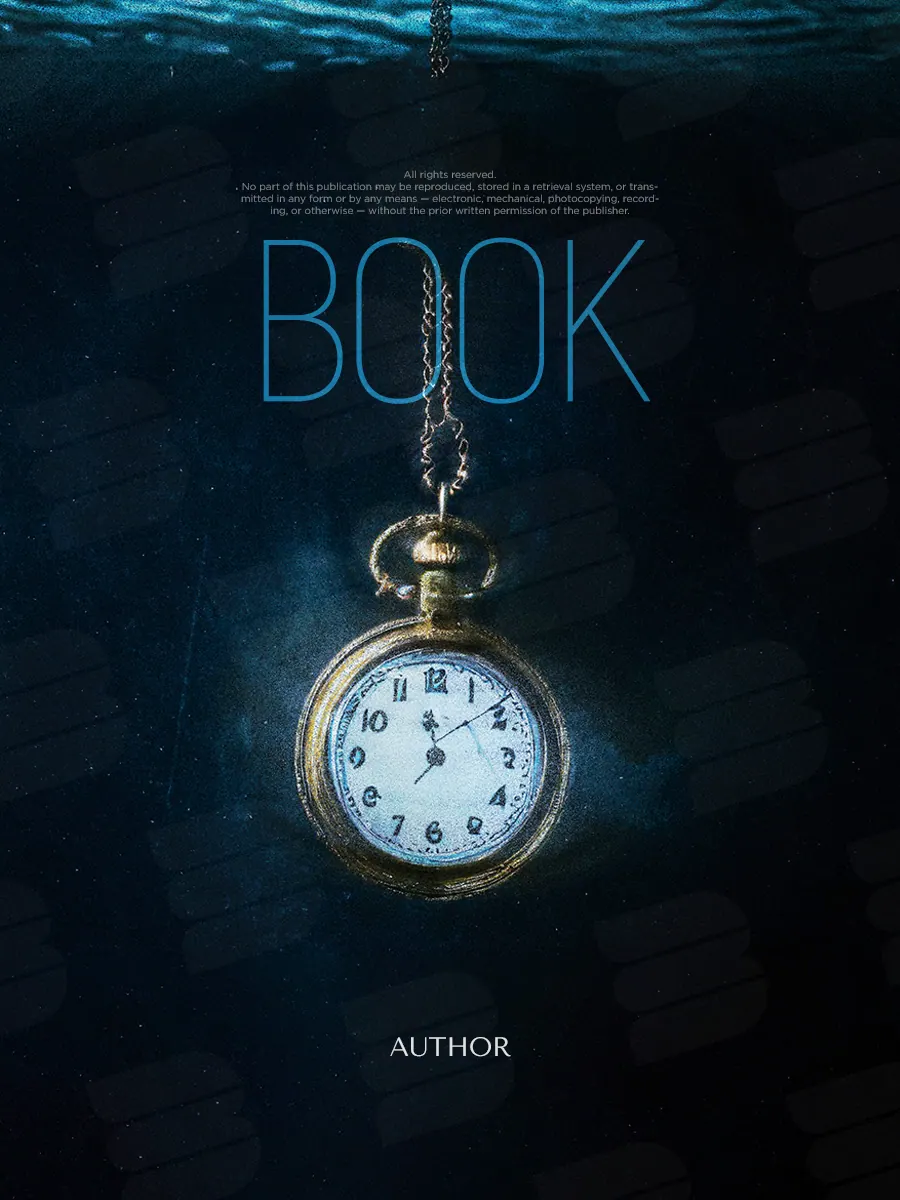 “Submerged Time” book cover: A pocket watch hangs beneath the surface of deep blue water.