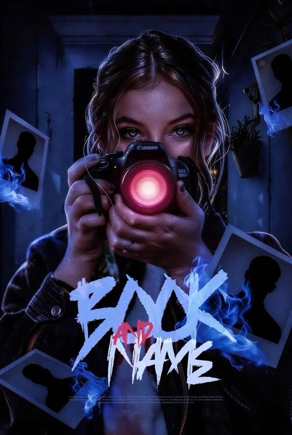 “Burning Lens” book cover: A woman points a camera with a glowing pink lens straight at the viewer.
