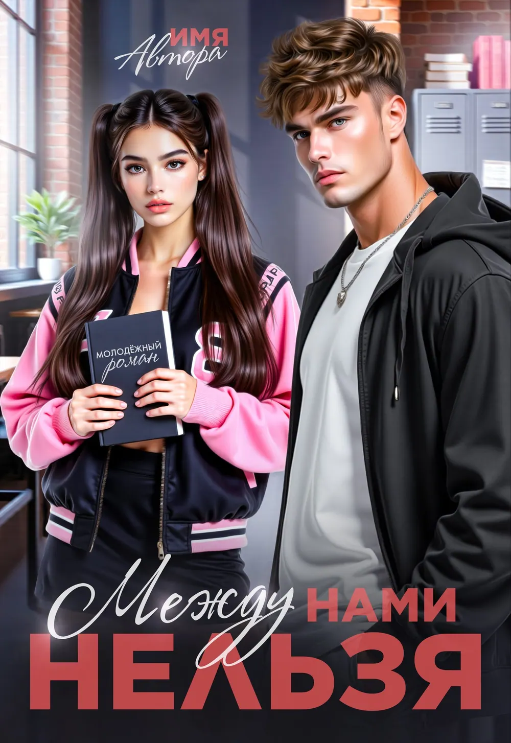 “Между Нами” book cover: A woman with a notebook and a young man stand in a bright school corridor.