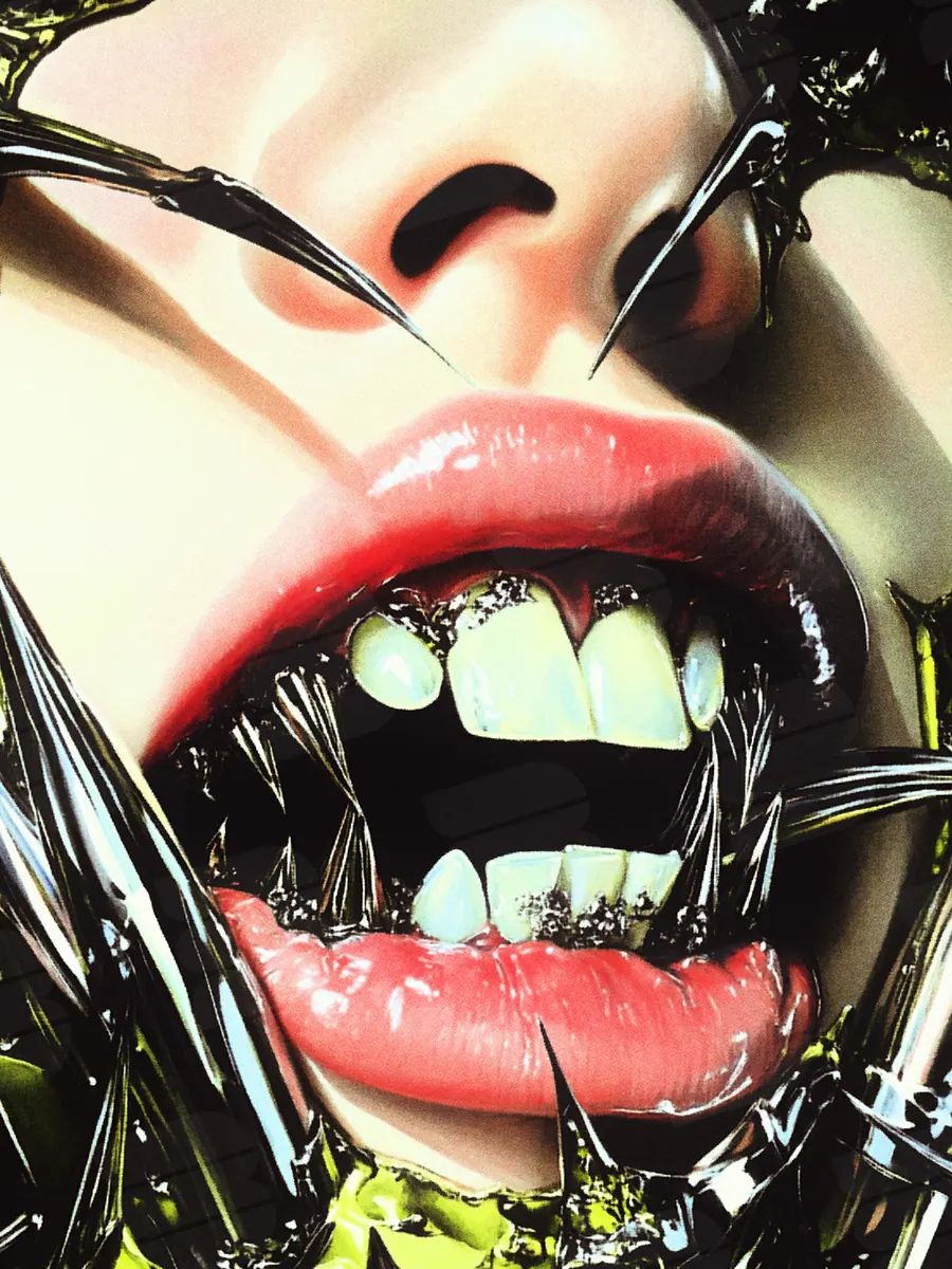 “Poisoned Words” book cover: A snarling mouth with sharp teeth is surrounded by shiny metal details.