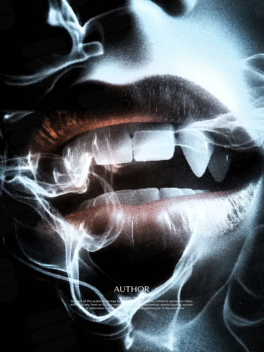 “The Vampire's Kiss” book cover: Lips with sharp fangs are surrounded by cold white clouds of smoke.