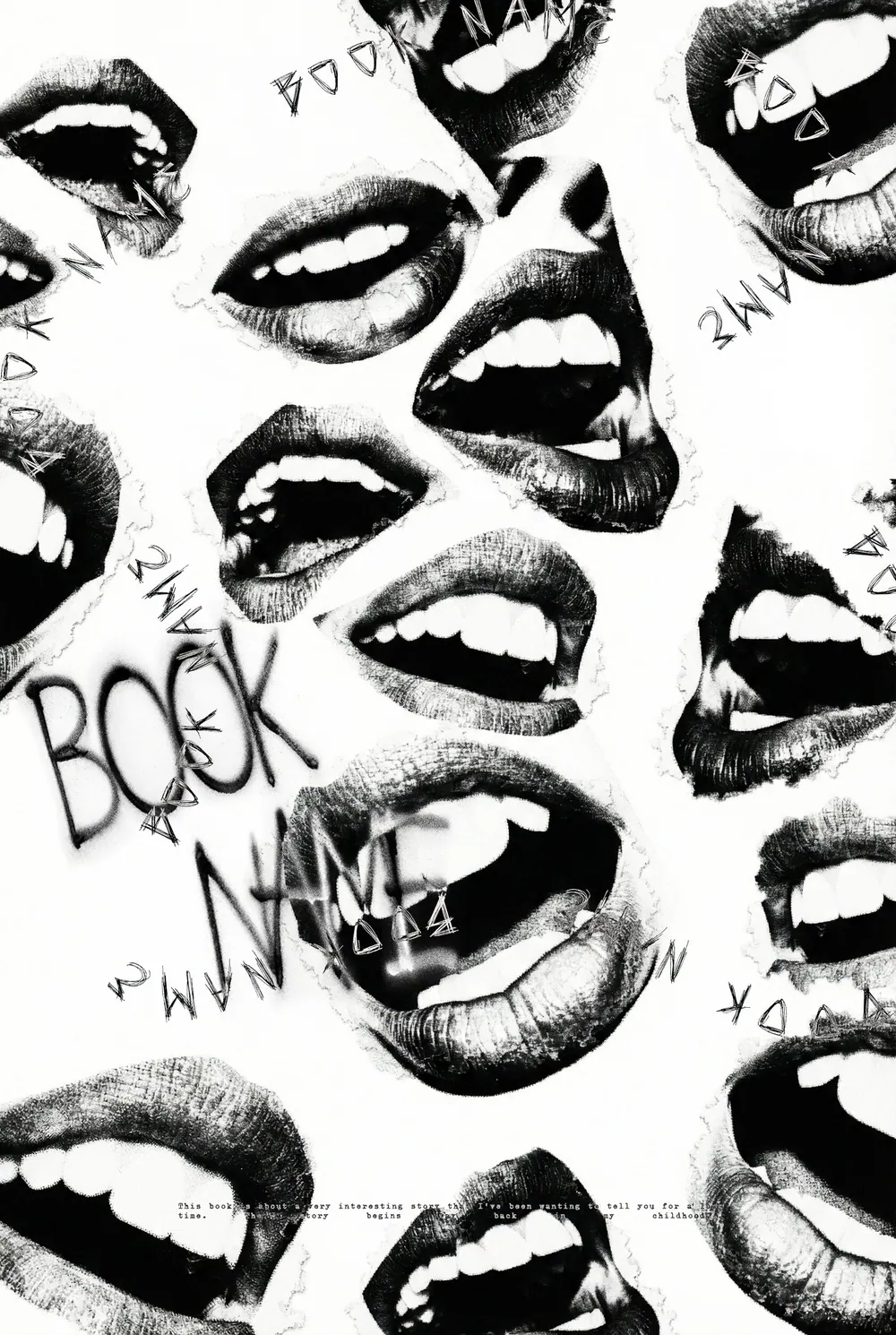 “Monochrome Outcry” book cover: Black-and-white lips, teeth and handwritten marks fill a dense collage.