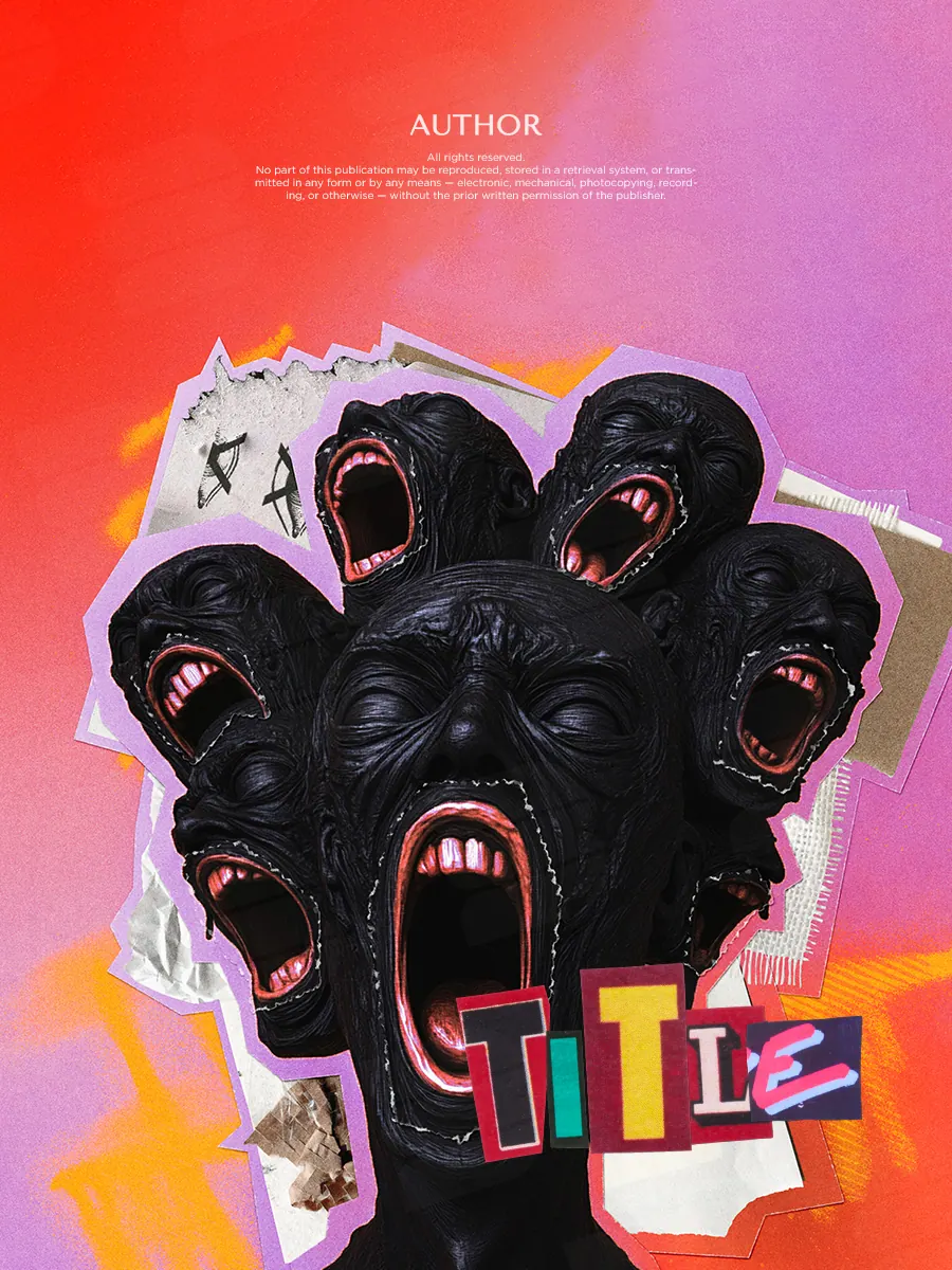 “Echoes of Agony” book cover: Screaming faces form a high-contrast collage on pink and orange.
