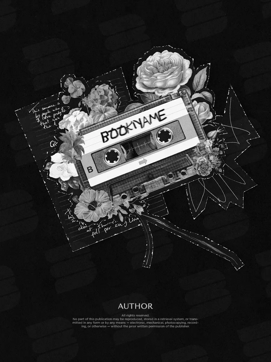 “Floral Cassette” book cover: Black-and-white flowers and fine botanical lines frame an audio cassette.