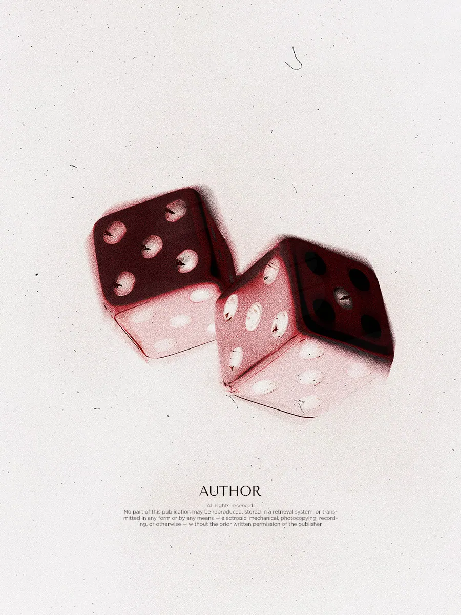 “Fate's Gamble” book cover: Two burgundy dice float against a pale minimalist background.
