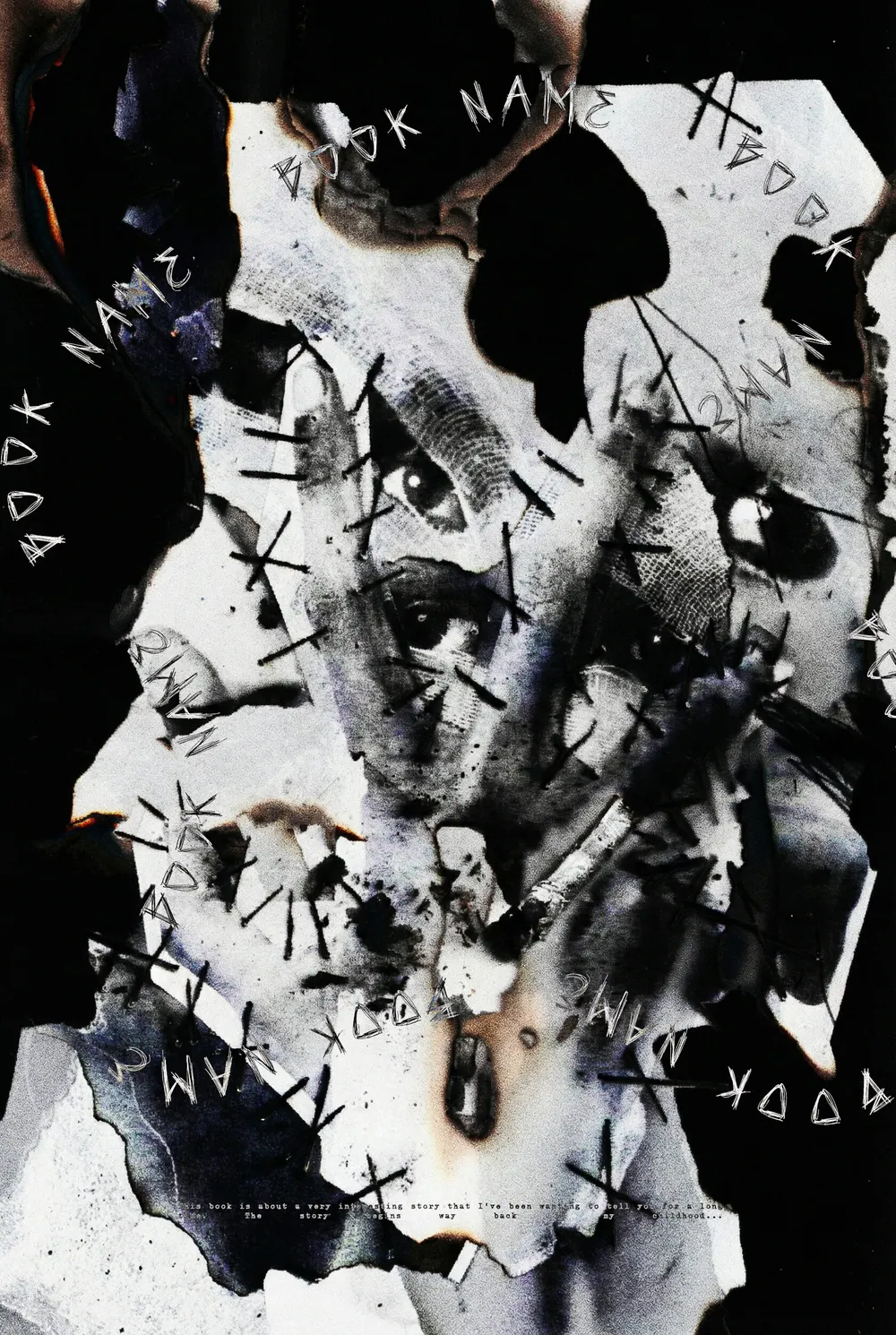 “Scorched Fragments” book cover: Paper scraps and chaotic black lettering overlap a shattered skull.