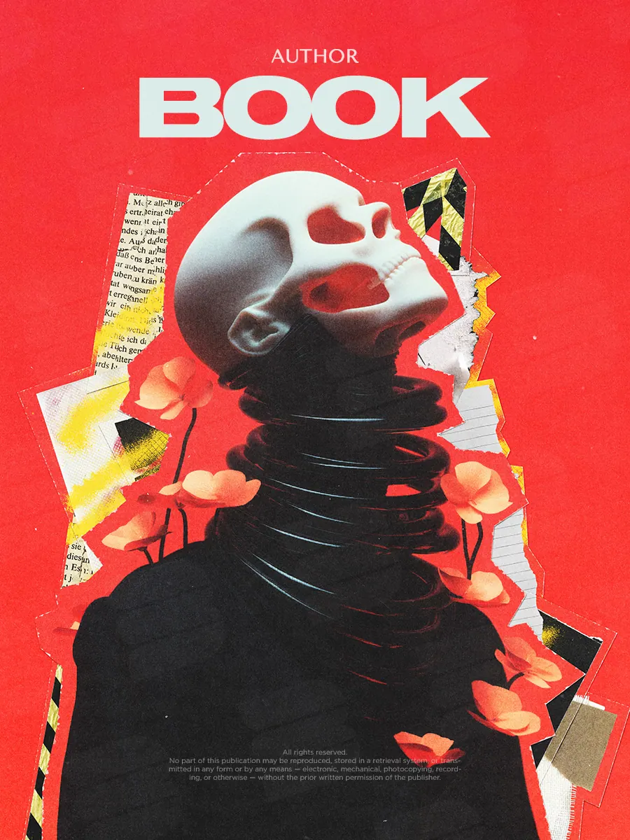 “Collage of Decay” book cover: A black-clad figure is surrounded by bright collage scraps on red.