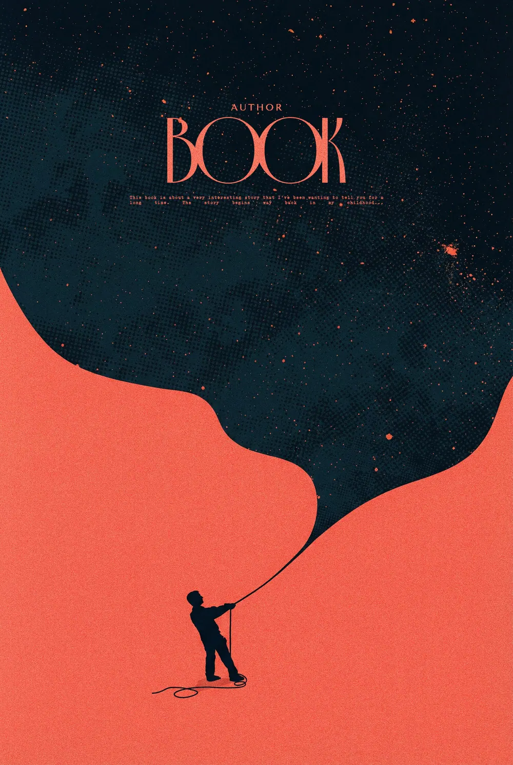 “Tethered Void” book cover: A tiny figure holds the thread of a huge dark shape against coral.