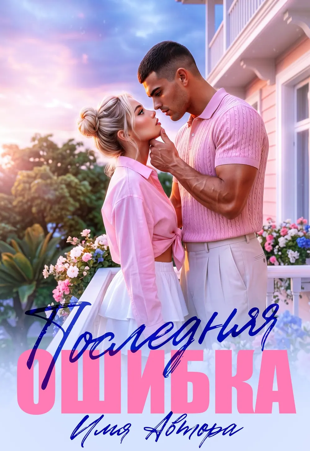 “Последняя Ошибка” book cover: A man leans towards a woman by a flower-filled balcony in delicate pink light.