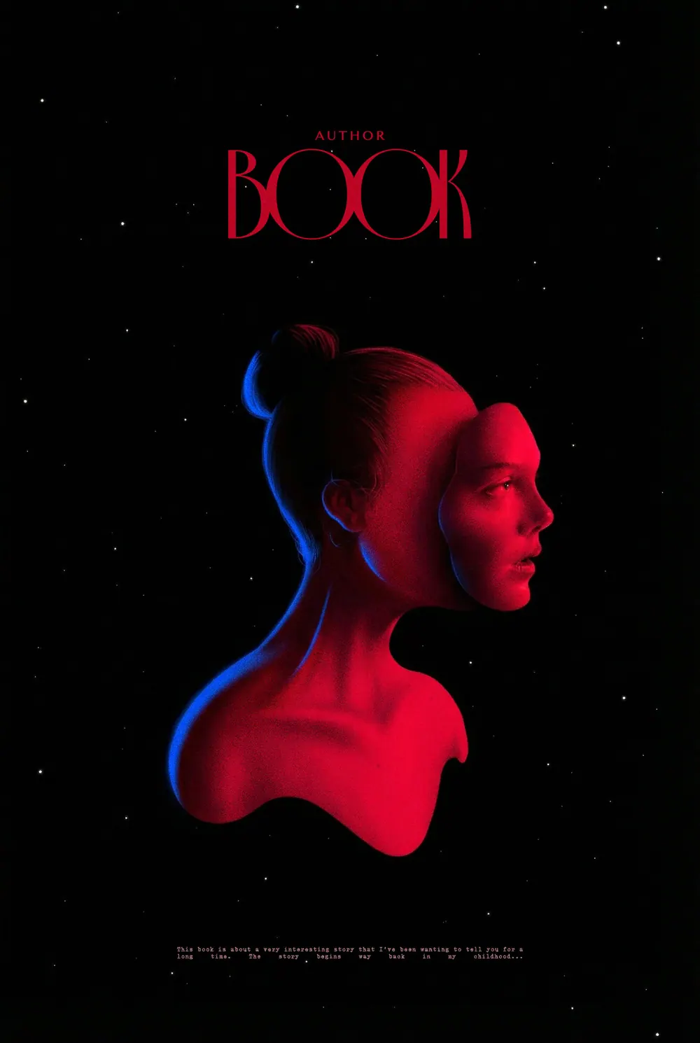 “Stellar Duality” book cover: Red and blue light divide two overlapping female profiles.