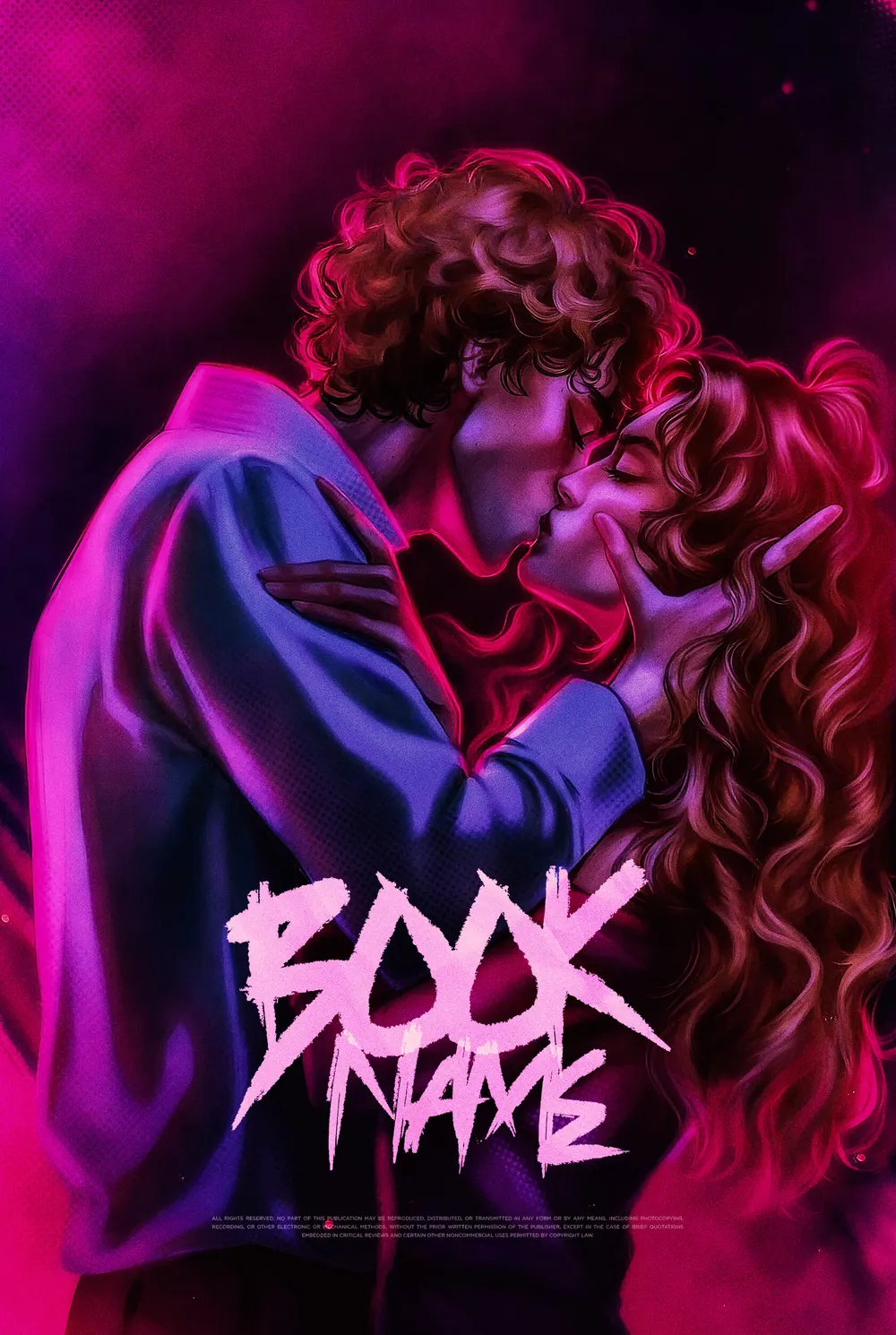 “Neon Rapture” book cover: A couple draws close in saturated blue and crimson light.