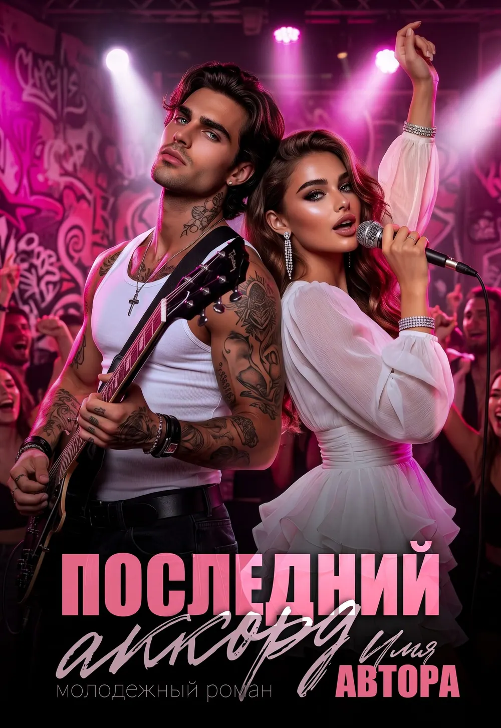 “Последний Аккорд” book cover: A young guitarist and a woman stand against bright pink lights.