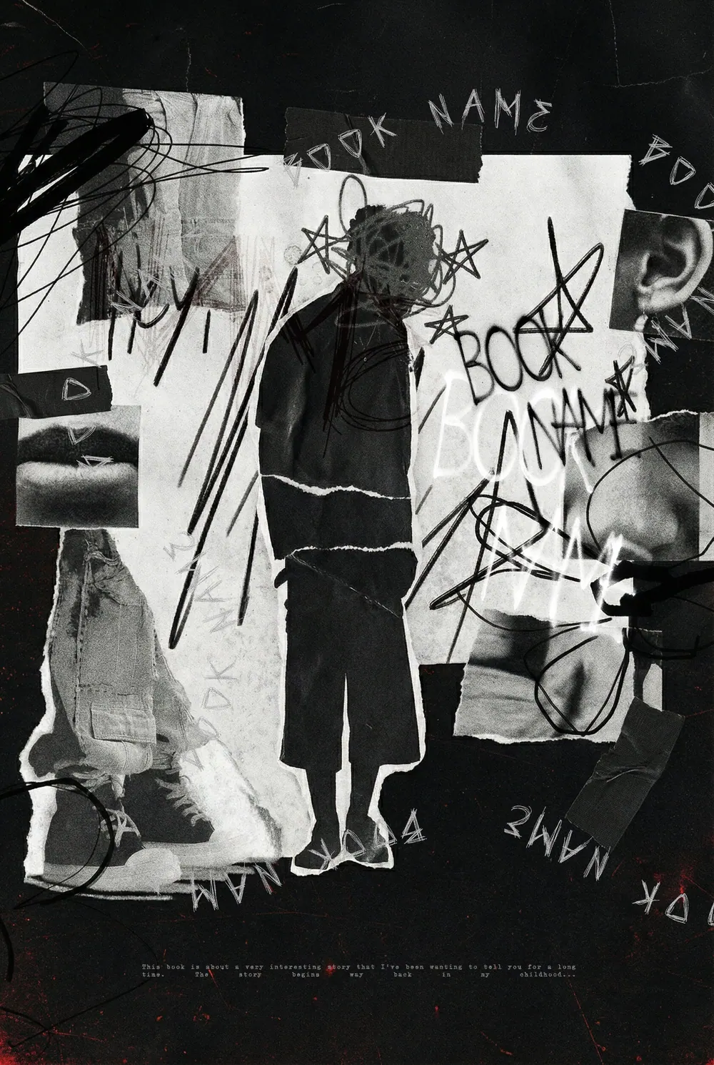 “Abstract Ruin” book cover: A human silhouette dissolves among torn paper strips and black lettering.