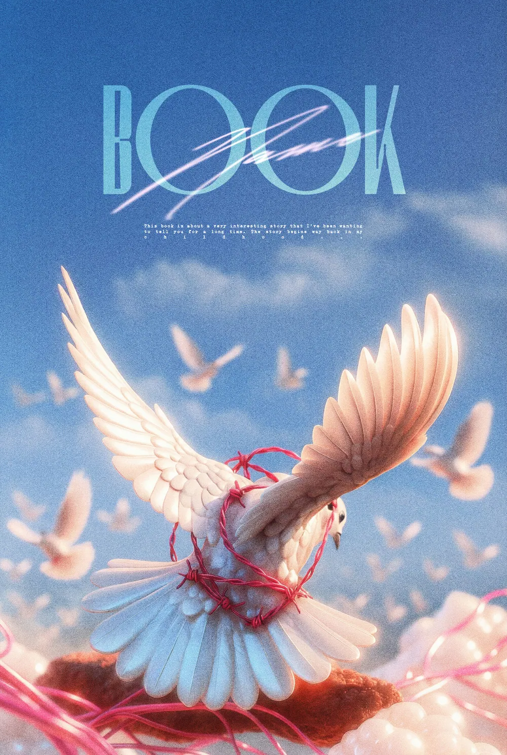 “Barbed Serenity” book cover: A white bird spreads its wings among thorny lines in a blue sky.