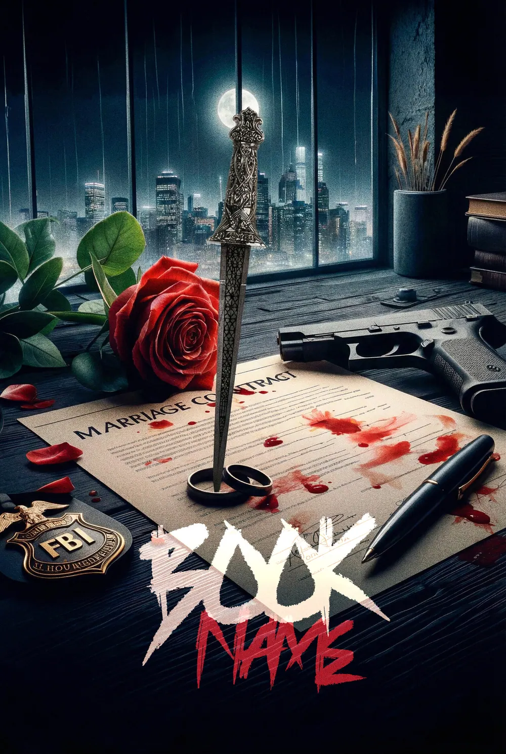 “Deadly Vows” book cover: A red rose, a knife and small objects lie on a table by a window.