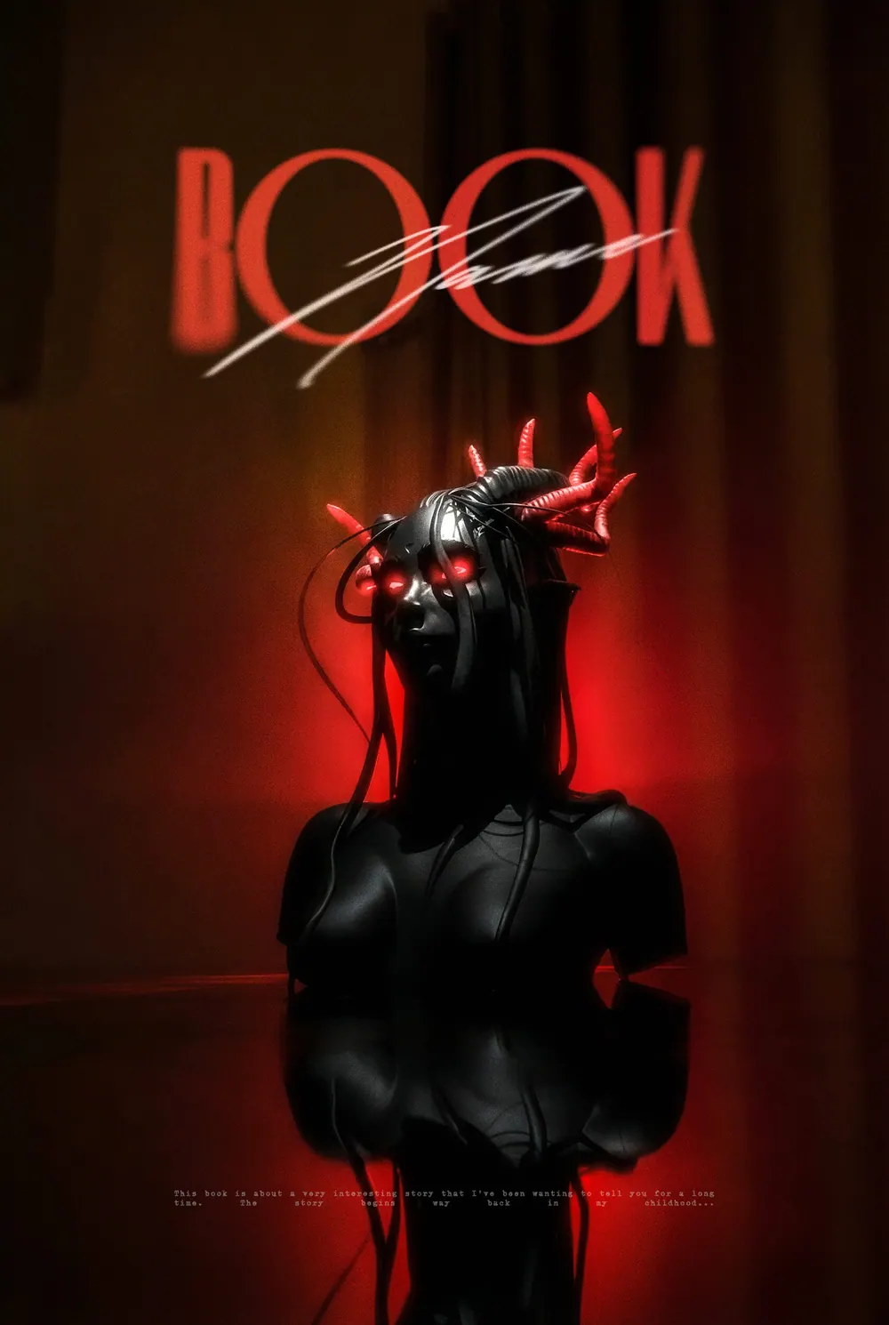 “Obsidian Siren” book cover: A black sculptural figure with shiny details stands out in red light.