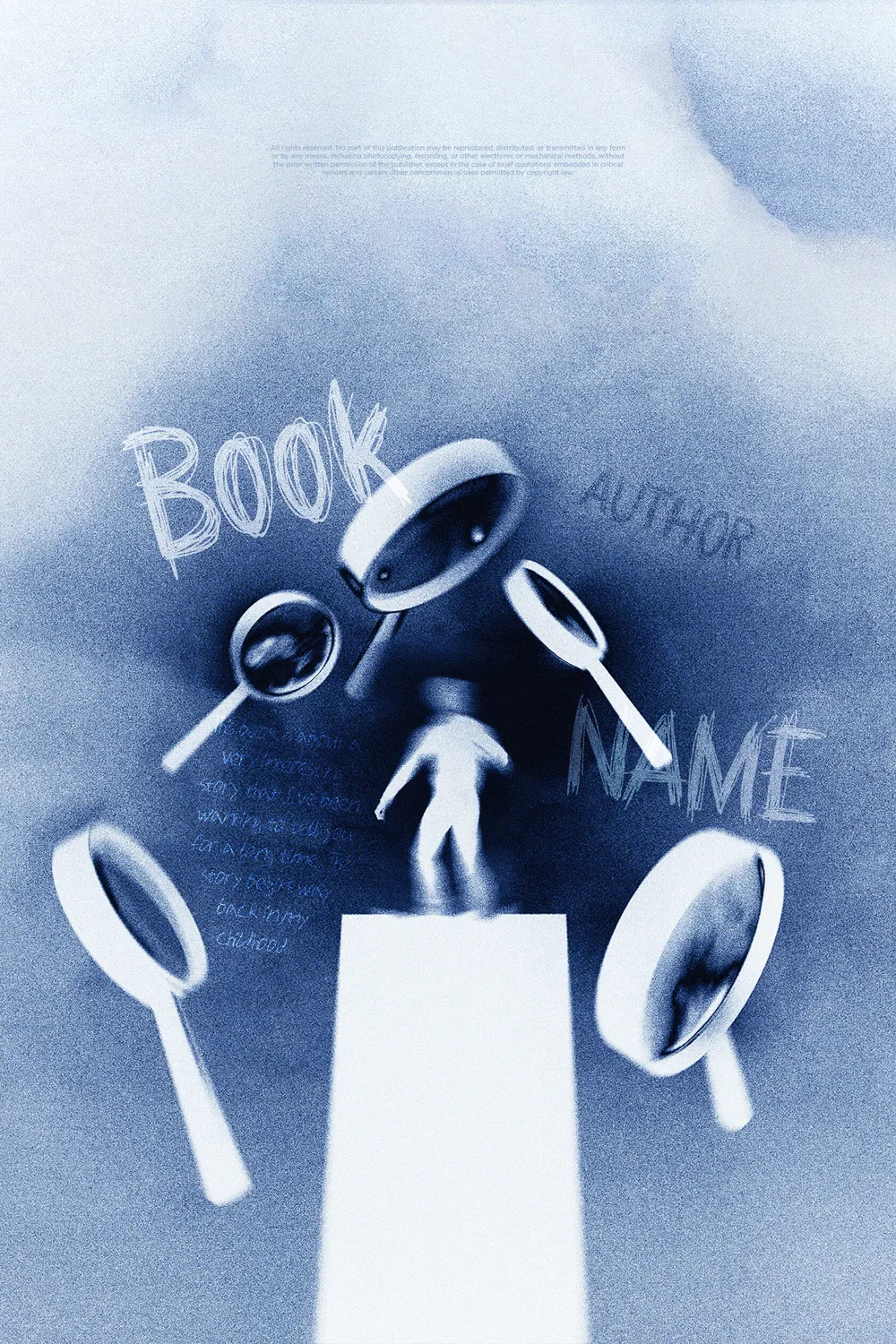 “Lens Scrutiny” book cover: Large magnifying glasses encircle a small person on a pedestal.