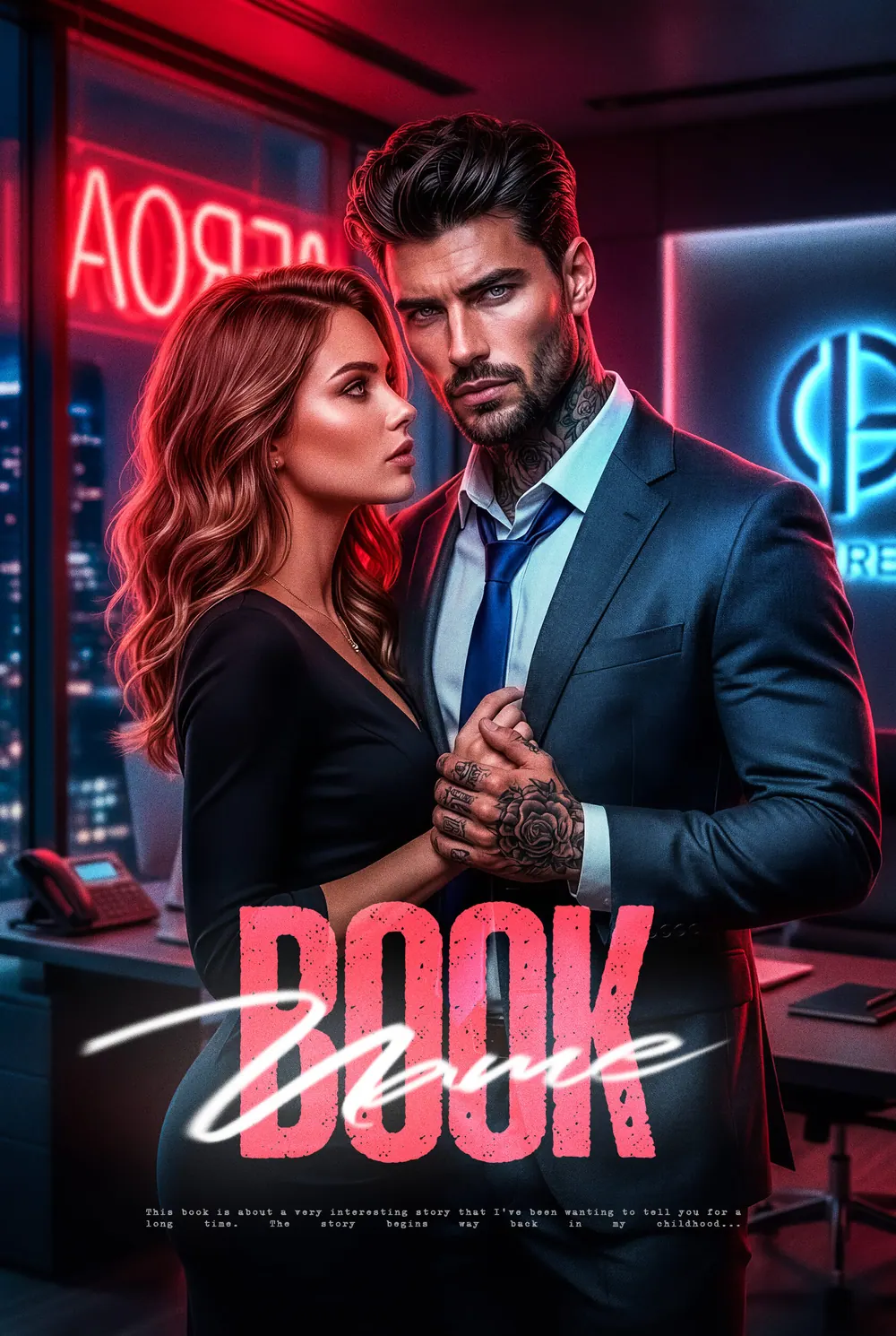 “Neon Ambition” book cover: A suited man embraces a red-haired woman among neon lights.