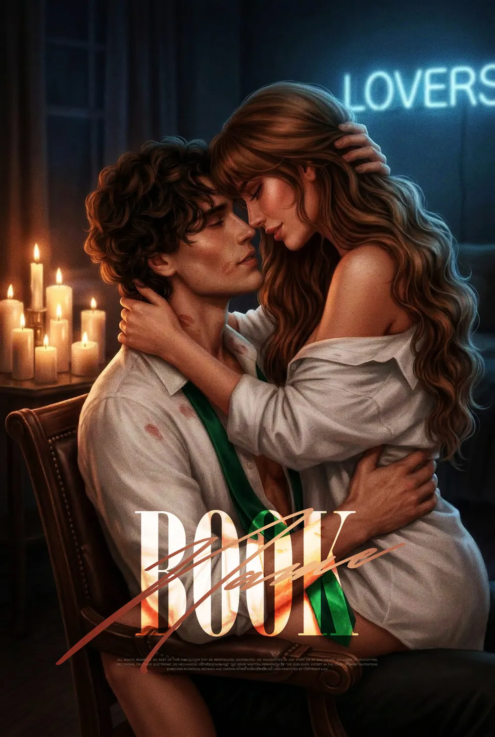“Vow in Neon” book cover: A couple kisses in warm candlelight by a dark window.