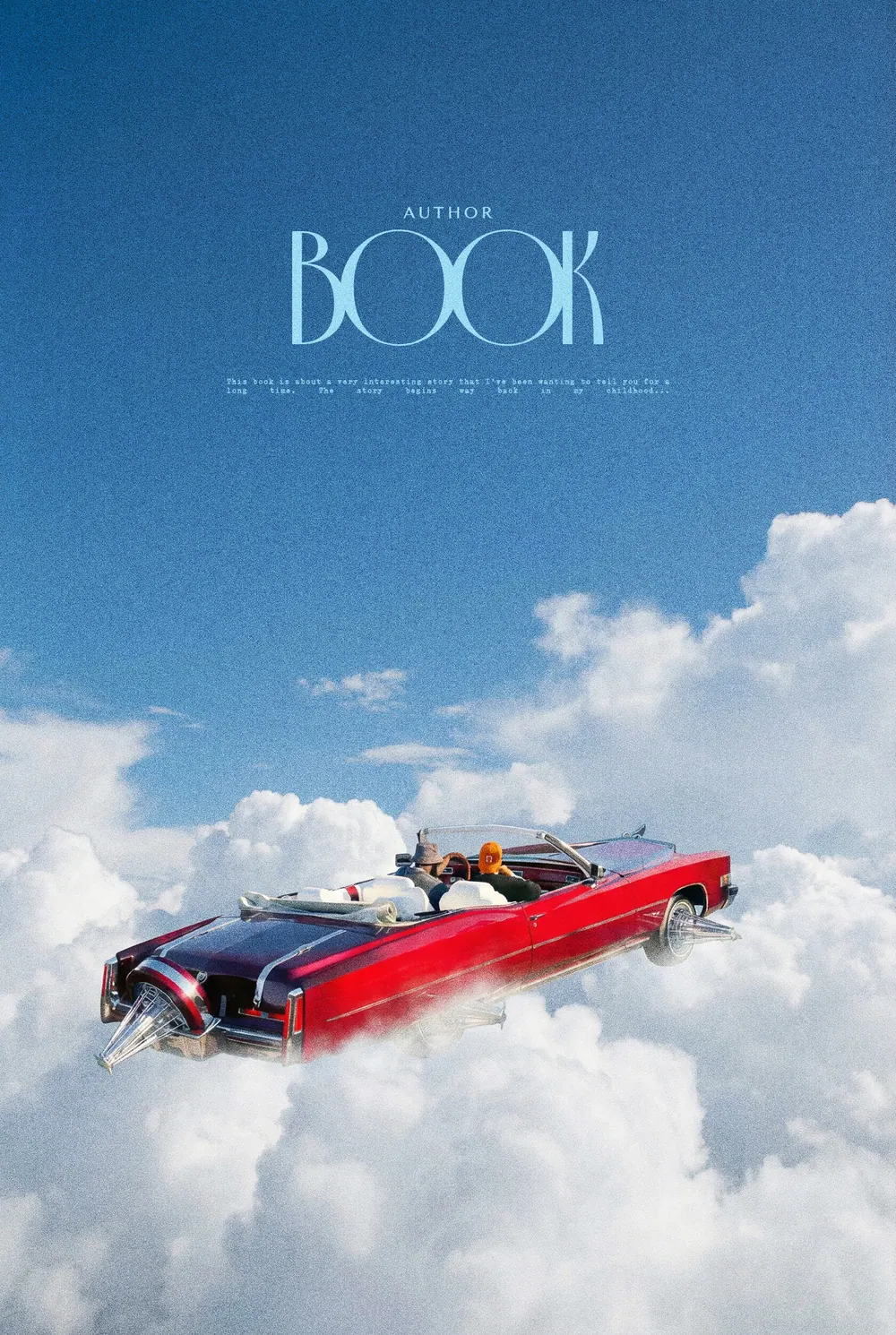 “Cloud Cruiser” book cover: A red convertible floats among white clouds beneath a clear sky.